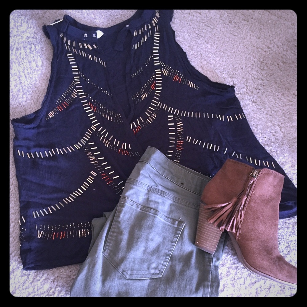 Free people navy blue intricately beaded vest.